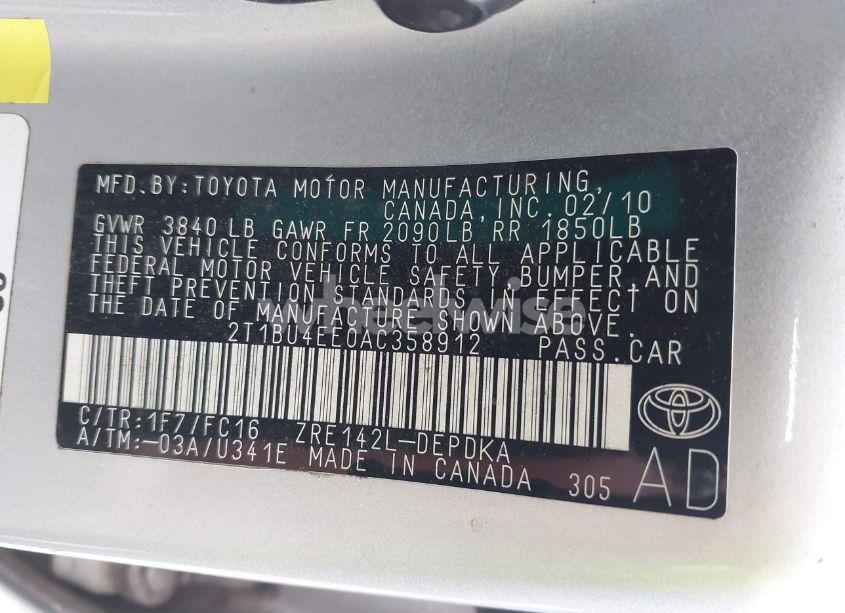 Photo 9 of 2010 Toyota Corolla LE (VIN 2T1BU4EE0AC358912)