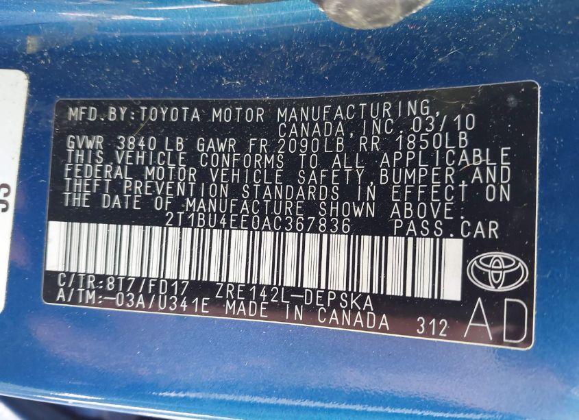 Photo 9 of 2010 Toyota Corolla S (VIN 2T1BU4EE0AC367836)