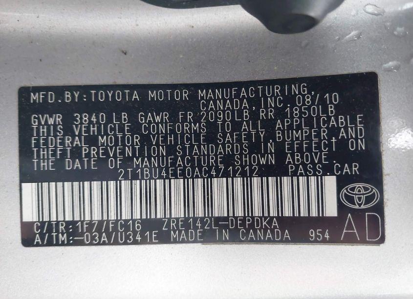 Photo 9 of 2010 Toyota Corolla LE (VIN 2T1BU4EE0AC471212)