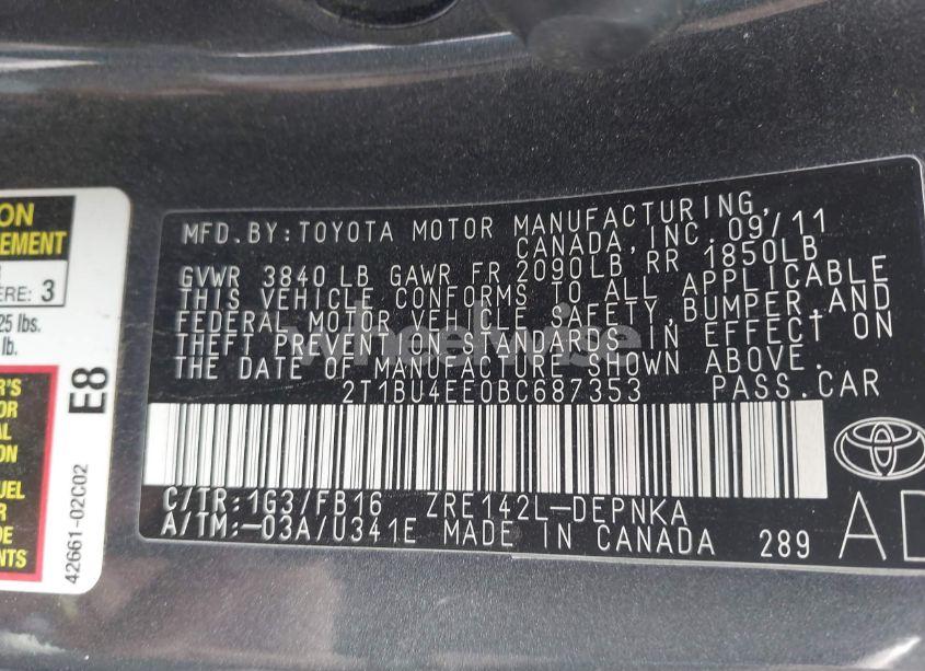 Photo 9 of 2011 Toyota Corolla LE (VIN 2T1BU4EE0BC687353)