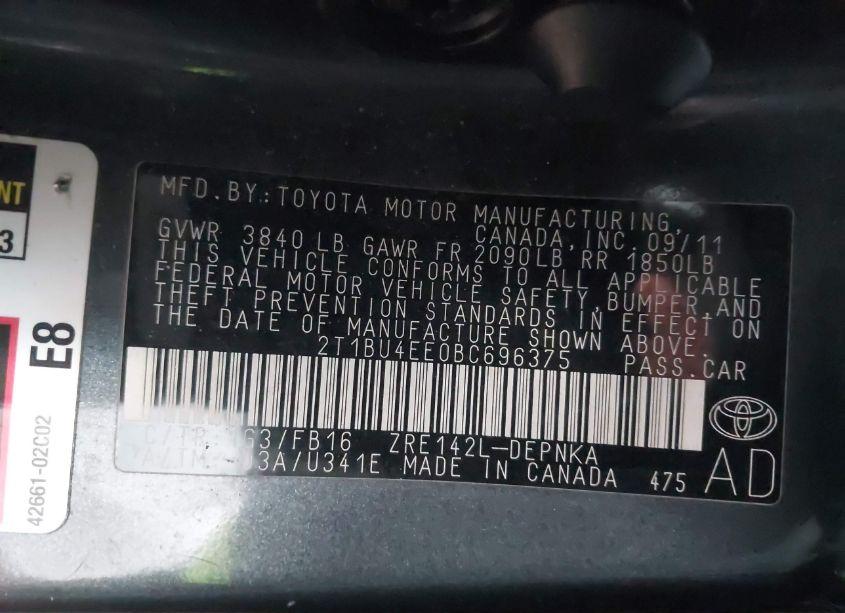 Photo 9 of 2011 Toyota Corolla LE (VIN 2T1BU4EE0BC696375)