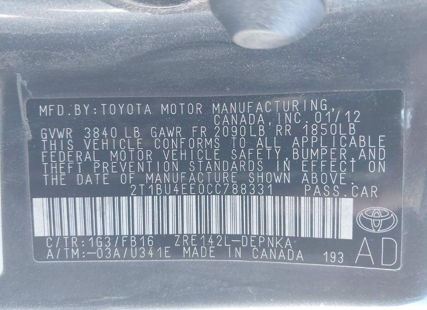 Photo 9 of 2012 Toyota Corolla LE (VIN 2T1BU4EE0CC788331)