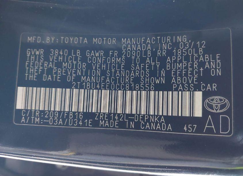 Photo 9 of 2012 Toyota Corolla LE (VIN 2T1BU4EE0CC818556)