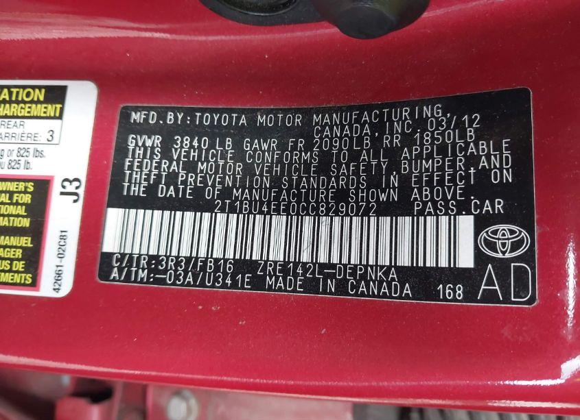 Photo 9 of 2012 Toyota Corolla LE (VIN 2T1BU4EE0CC829072)