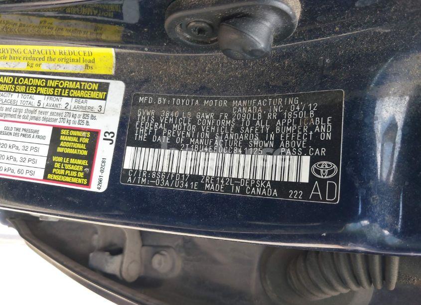 Photo 9 of 2012 Toyota Corolla S (VIN 2T1BU4EE0CC841125)