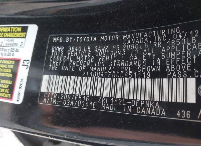 Photo 9 of 2012 Toyota Corolla LE (VIN 2T1BU4EE0CC851119)