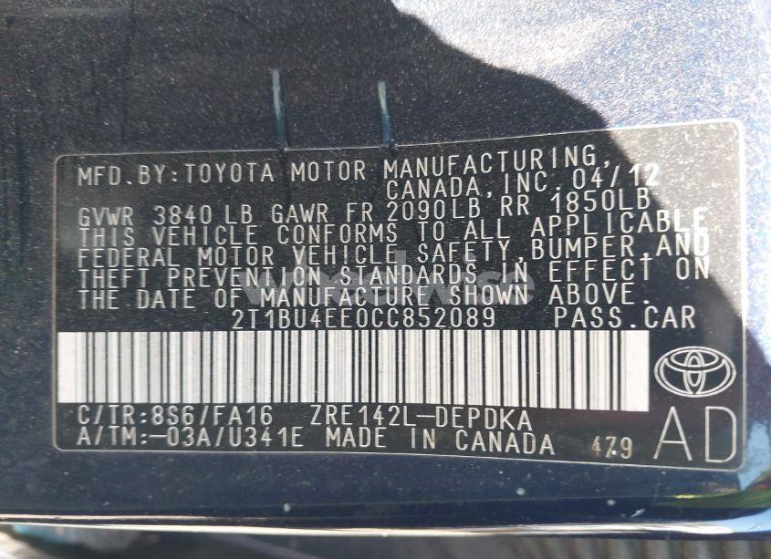 Photo 9 of 2012 Toyota Corolla L (VIN 2T1BU4EE0CC852089)