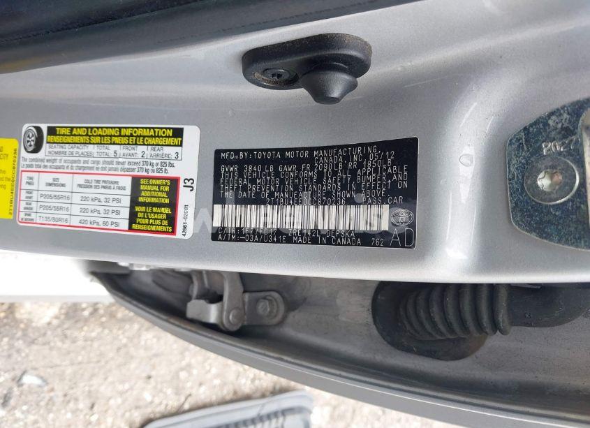 Photo 9 of 2012 Toyota Corolla S (VIN 2T1BU4EE0CC870236)