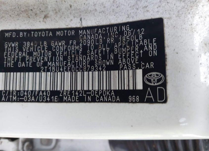 Photo 9 of 2012 Toyota Corolla L (VIN 2T1BU4EE0CC879342)