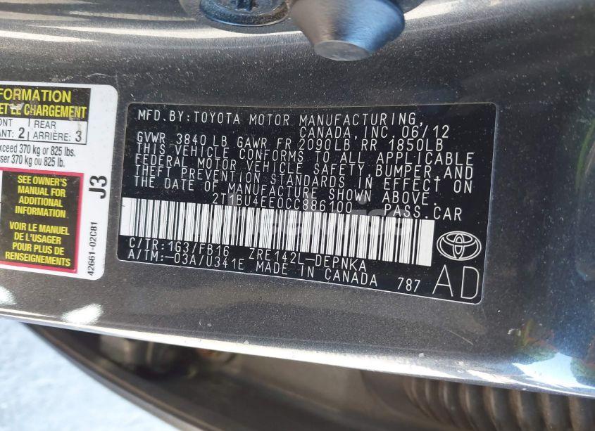 Photo 9 of 2012 Toyota Corolla LE (VIN 2T1BU4EE0CC886100)