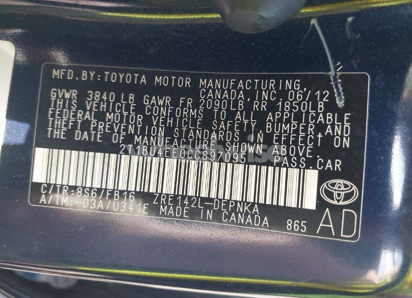 Photo 9 of 2012 Toyota Corolla LE (VIN 2T1BU4EE0CC897095)