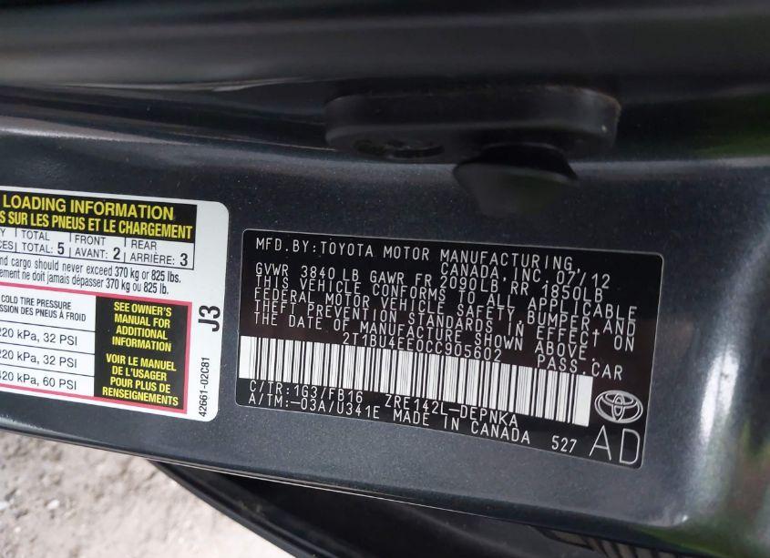 Photo 9 of 2012 Toyota Corolla LE (VIN 2T1BU4EE0CC905602)