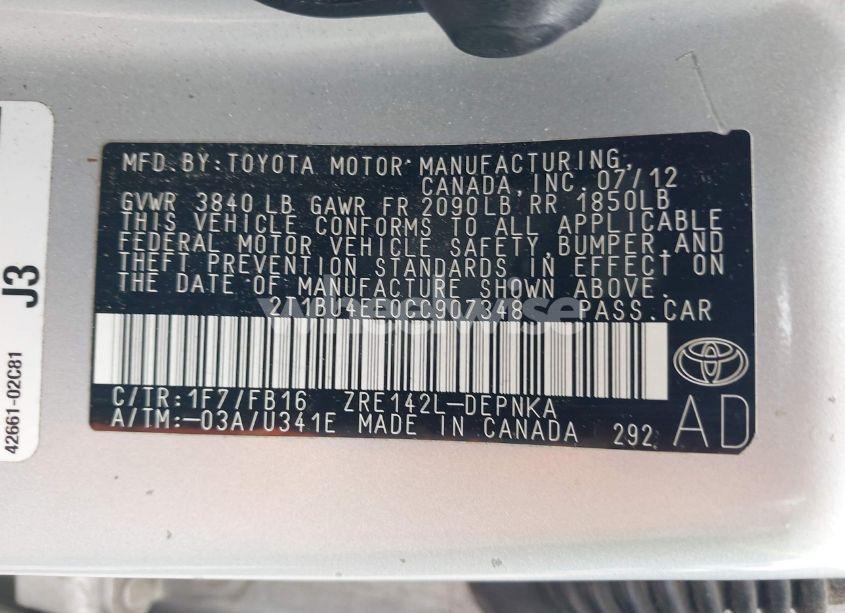 Photo 9 of 2012 Toyota Corolla LE (VIN 2T1BU4EE0CC907348)