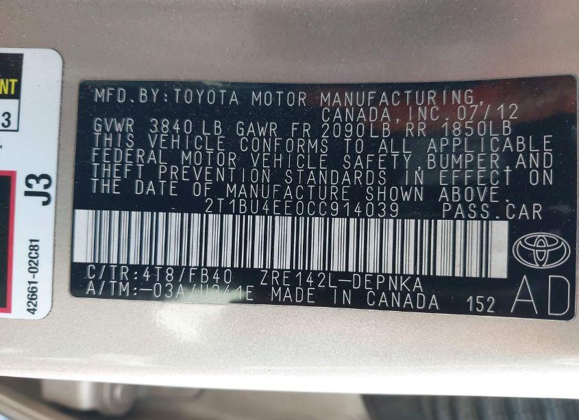 Photo 9 of 2012 Toyota Corolla LE (VIN 2T1BU4EE0CC914039)