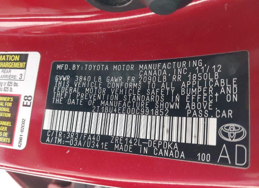 Photo 9 of 2013 Toyota Corolla L (VIN 2T1BU4EE0DC991852)