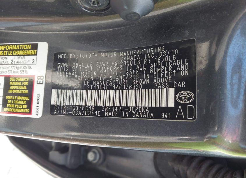 Photo 9 of 2010 Toyota Corolla LE (VIN 2T1BU4EE1AC376920)