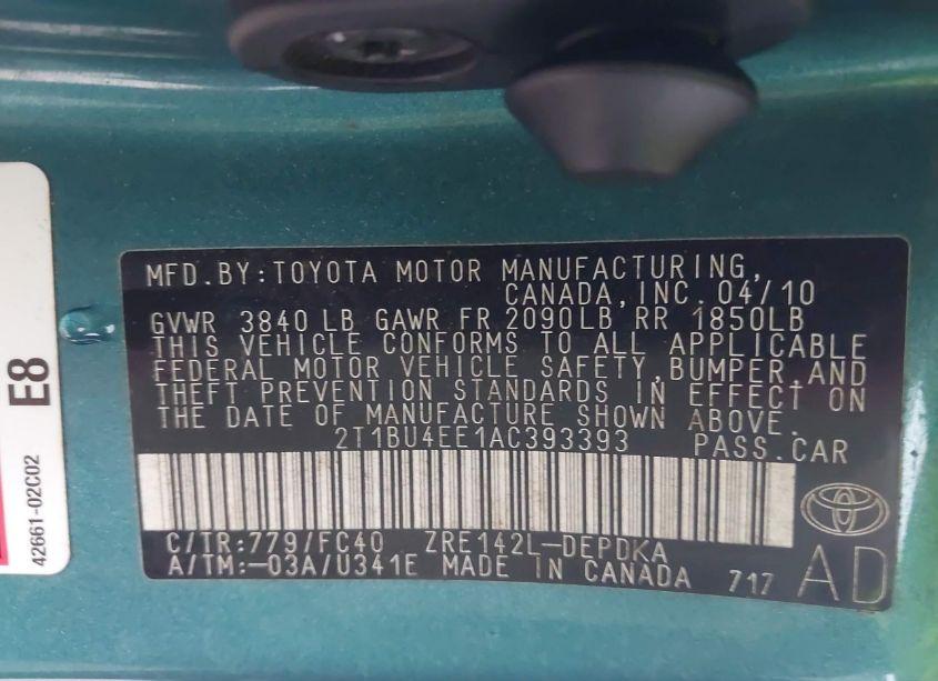 Photo 9 of 2010 Toyota Corolla LE (VIN 2T1BU4EE1AC393393)