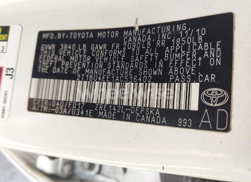 Photo 9 of 2010 Toyota Corolla S (VIN 2T1BU4EE1AC516402)