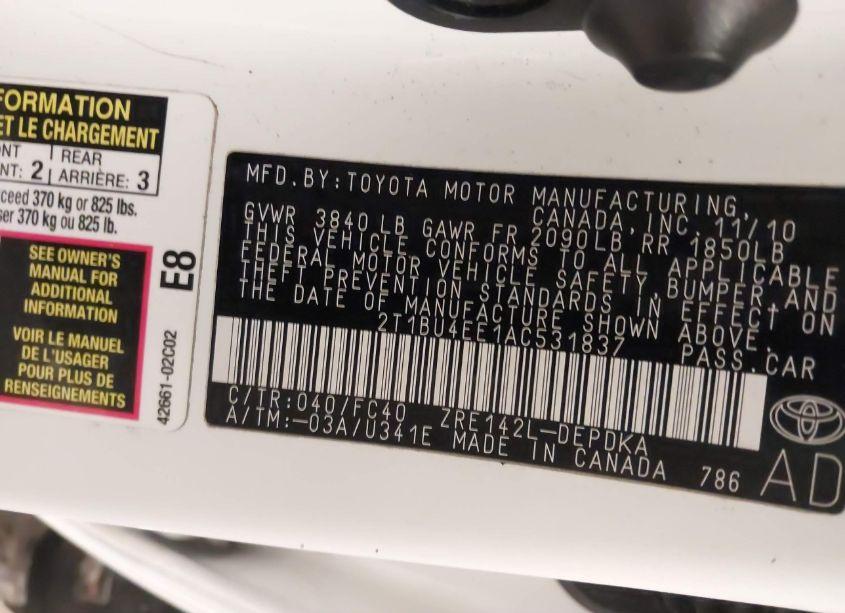 Photo 9 of 2010 Toyota Corolla LE (VIN 2T1BU4EE1AC531837)