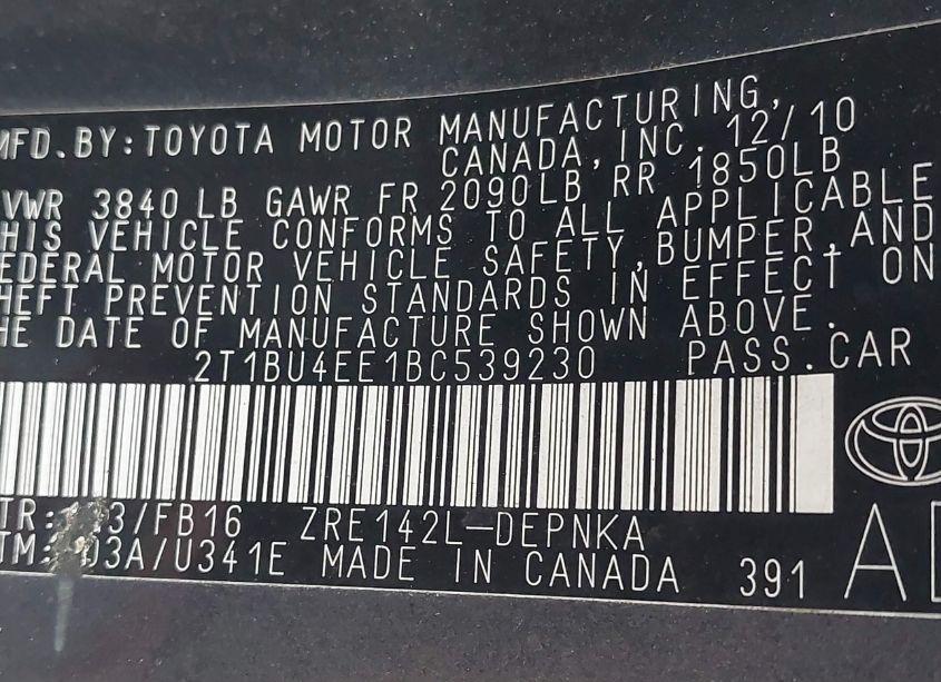 Photo 9 of 2011 Toyota Corolla LE (VIN 2T1BU4EE1BC539230)