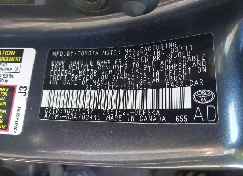 Photo 9 of 2011 Toyota Corolla S (VIN 2T1BU4EE1BC601063)
