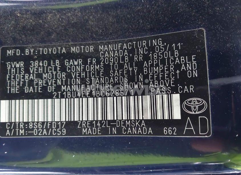 Photo 9 of 2011 Toyota Corolla S (VIN 2T1BU4EE1BC628571)