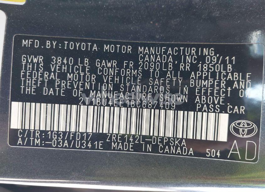 Photo 9 of 2011 Toyota Corolla S (VIN 2T1BU4EE1BC687409)