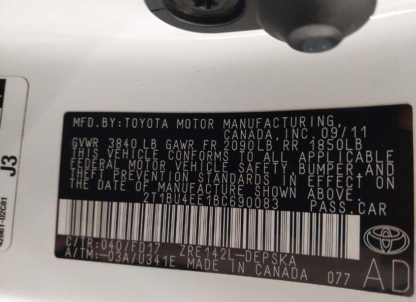 Photo 9 of 2011 Toyota Corolla S (VIN 2T1BU4EE1BC690083)