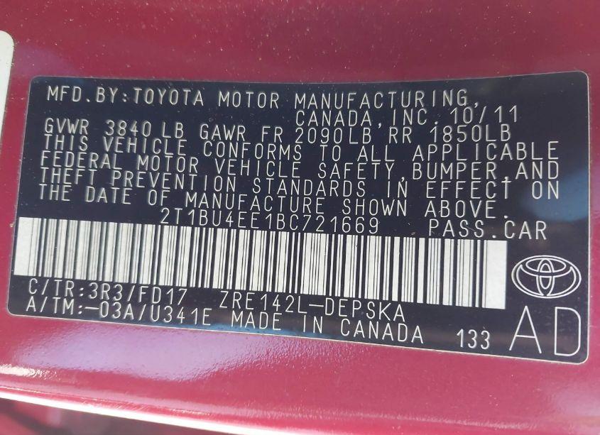 Photo 9 of 2011 Toyota Corolla S (VIN 2T1BU4EE1BC721669)