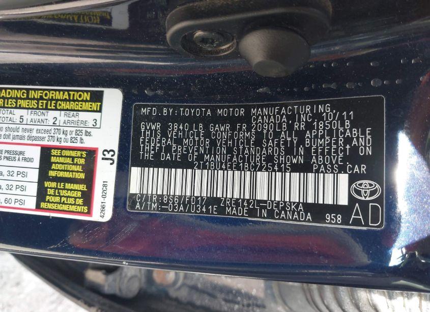 Photo 9 of 2011 Toyota Corolla S (VIN 2T1BU4EE1BC725415)