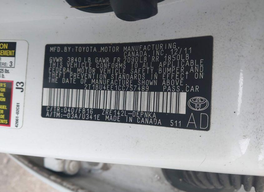 Photo 9 of 2012 Toyota Corolla LE (VIN 2T1BU4EE1CC757489)