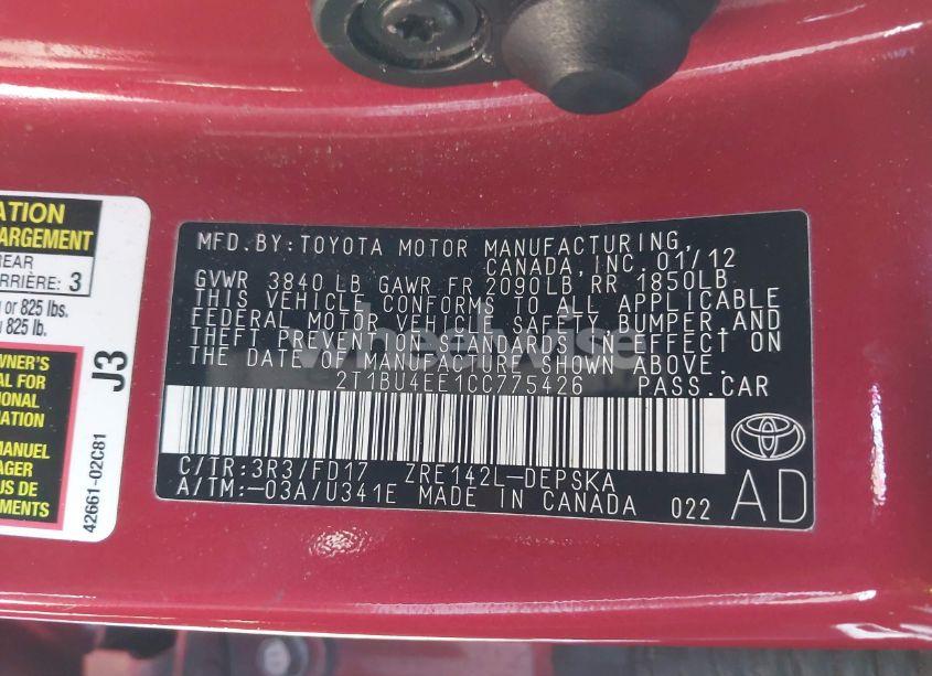 Photo 9 of 2012 Toyota Corolla S (VIN 2T1BU4EE1CC775426)