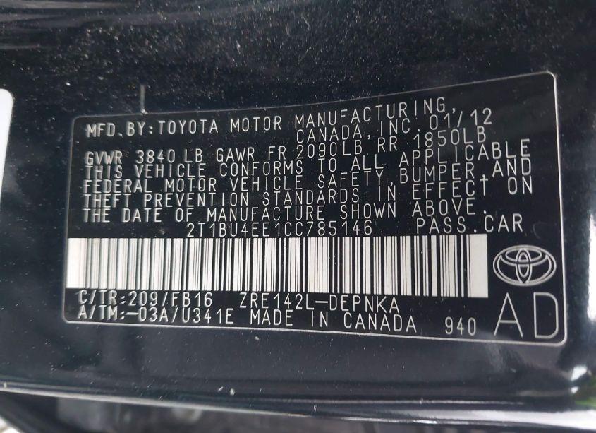 Photo 9 of 2012 Toyota Corolla LE (VIN 2T1BU4EE1CC785146)