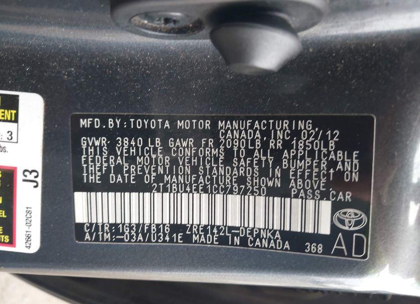 Photo 9 of 2012 Toyota Corolla LE (VIN 2T1BU4EE1CC797250)