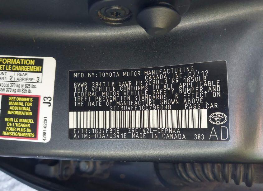 Photo 9 of 2012 Toyota Corolla LE (VIN 2T1BU4EE1CC798088)