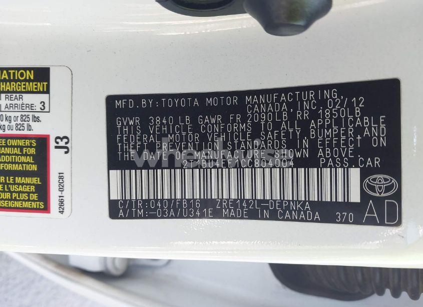Photo 9 of 2012 Toyota Corolla LE (VIN 2T1BU4EE1CC804004)