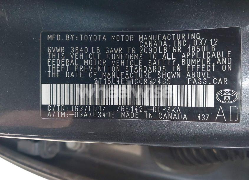 Photo 9 of 2012 Toyota Corolla S (VIN 2T1BU4EE1CC832465)