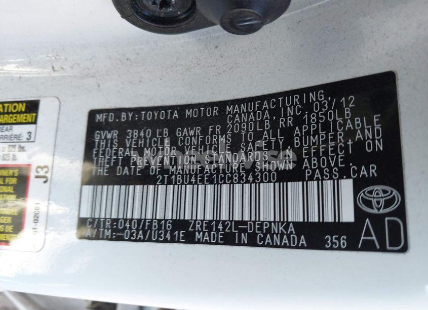 Photo 9 of 2012 Toyota Corolla LE (VIN 2T1BU4EE1CC834300)