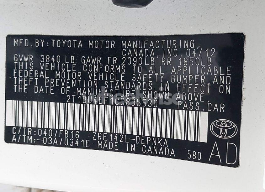 Photo 9 of 2012 Toyota Corolla LE (VIN 2T1BU4EE1CC835530)