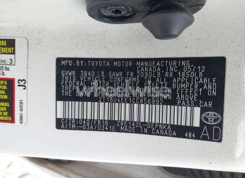 Photo 9 of 2012 Toyota Corolla LE (VIN 2T1BU4EE1CC856992)