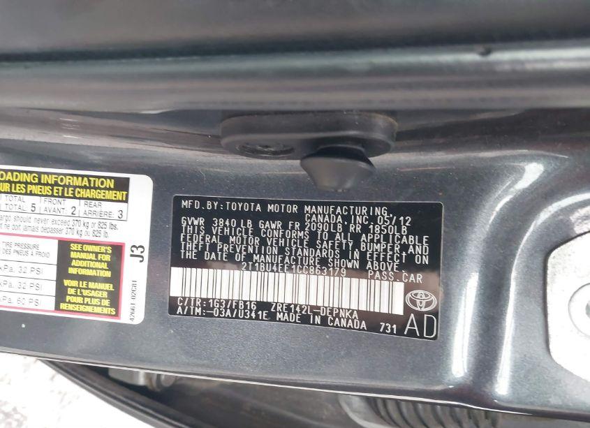 Photo 9 of 2012 Toyota Corolla LE (VIN 2T1BU4EE1CC863179)