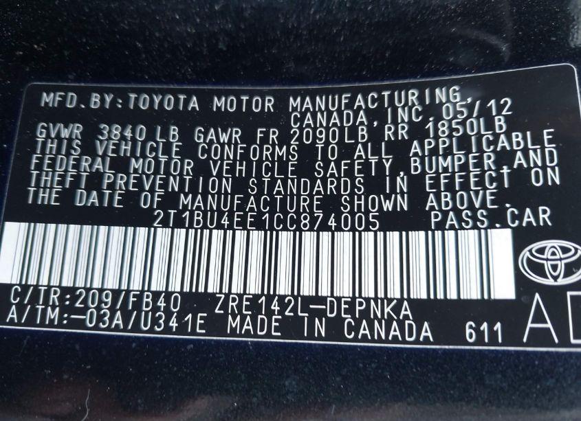 Photo 9 of 2012 Toyota Corolla LE (VIN 2T1BU4EE1CC874005)