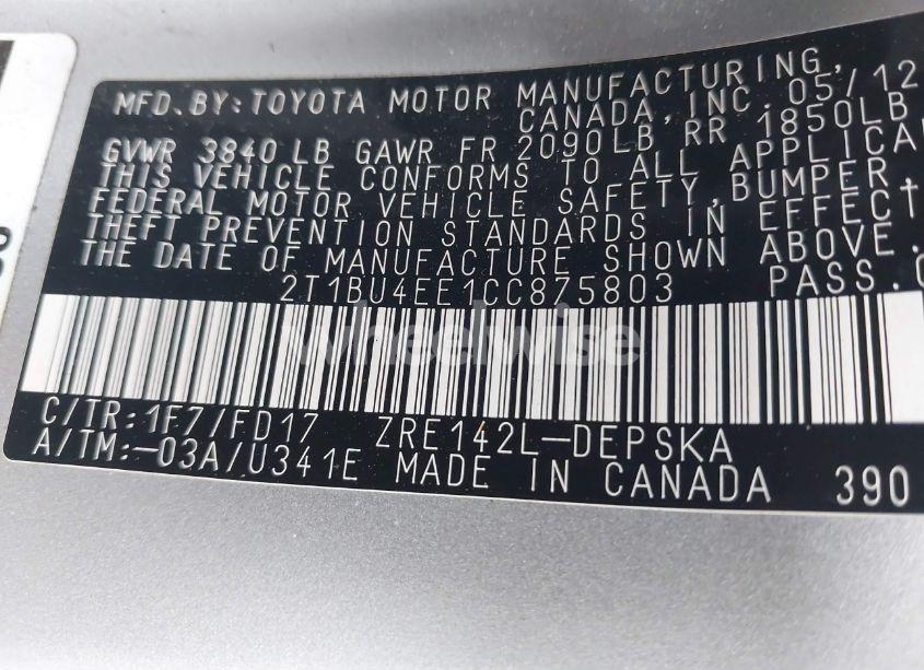 Photo 9 of 2012 Toyota Corolla S (VIN 2T1BU4EE1CC875803)