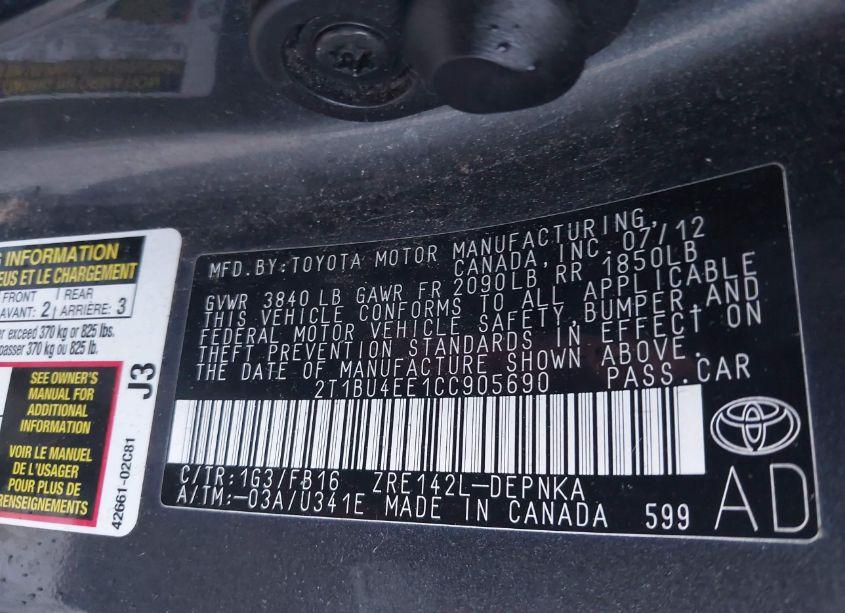 Photo 9 of 2012 Toyota Corolla LE (VIN 2T1BU4EE1CC905690)