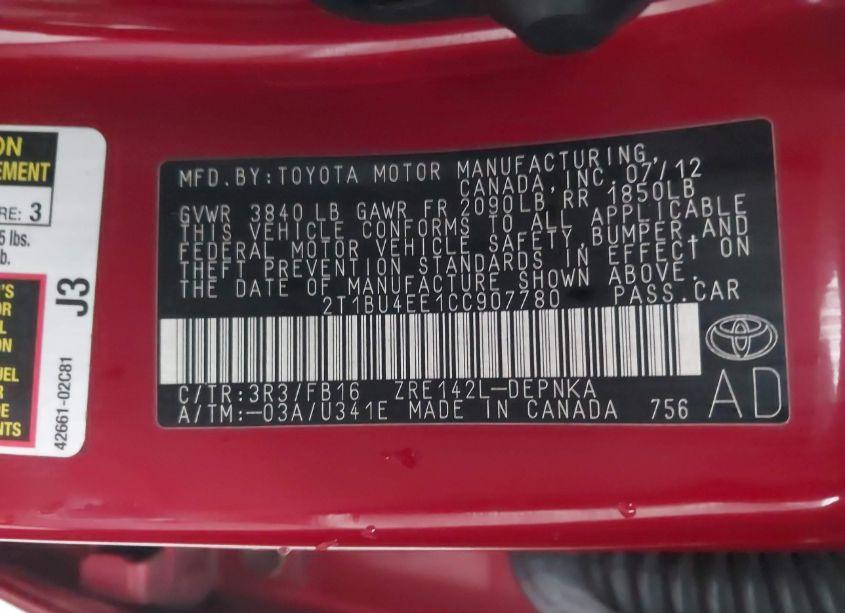 Photo 9 of 2012 Toyota Corolla LE (VIN 2T1BU4EE1CC907780)