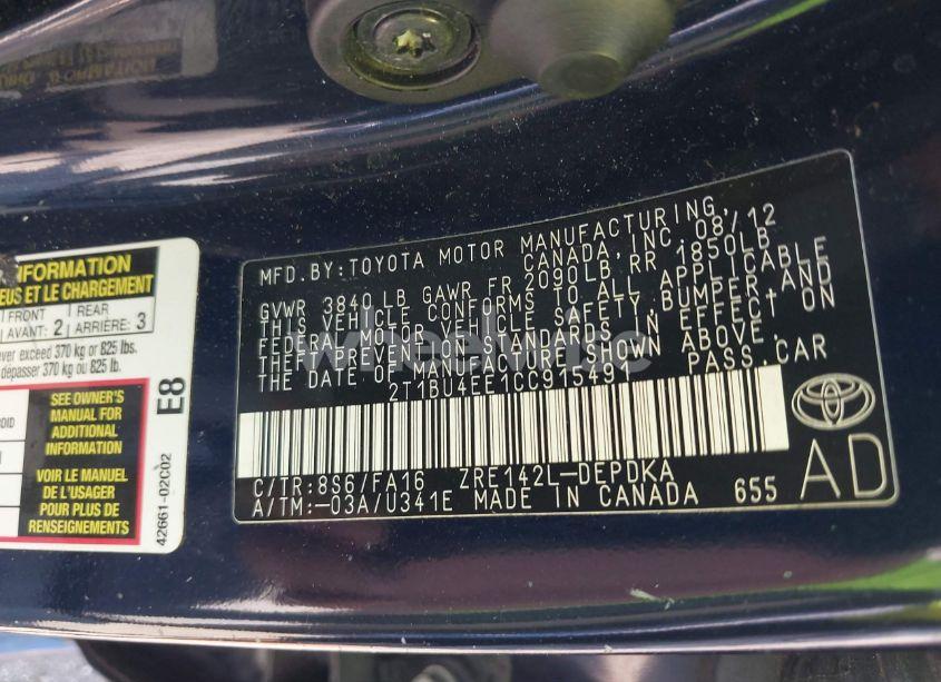 Photo 9 of 2012 Toyota Corolla L (VIN 2T1BU4EE1CC915491)