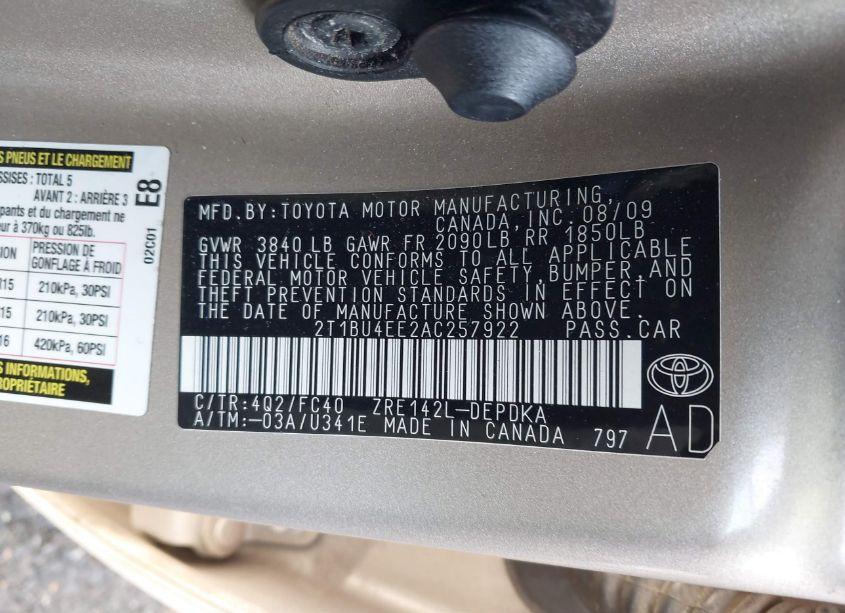 Photo 9 of 2010 Toyota Corolla LE (VIN 2T1BU4EE2AC257922)