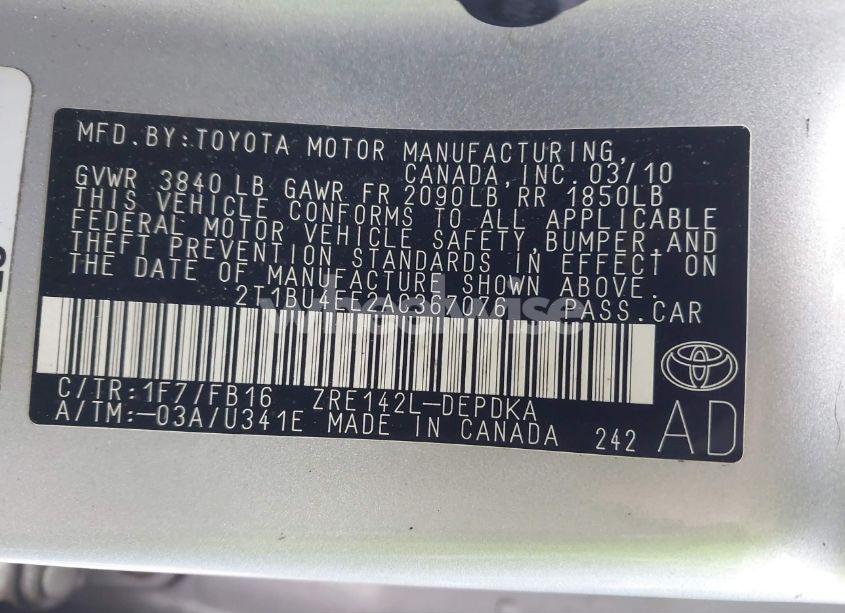 Photo 9 of 2010 Toyota Corolla (VIN 2T1BU4EE2AC367076)