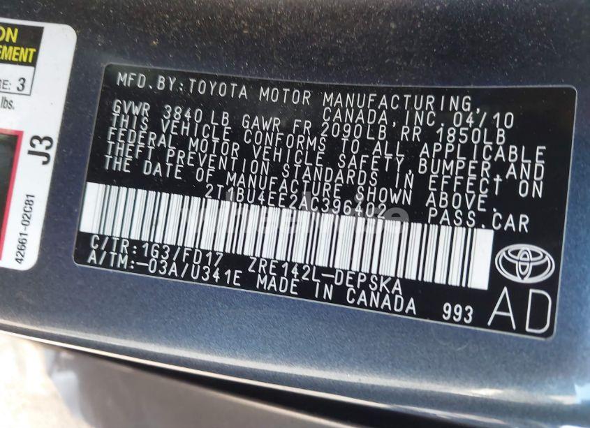 Photo 9 of 2010 Toyota Corolla S (VIN 2T1BU4EE2AC396402)