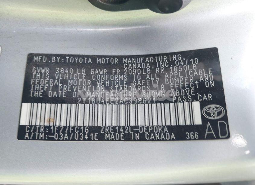 Photo 9 of 2010 Toyota Corolla LE (VIN 2T1BU4EE2AC398621)